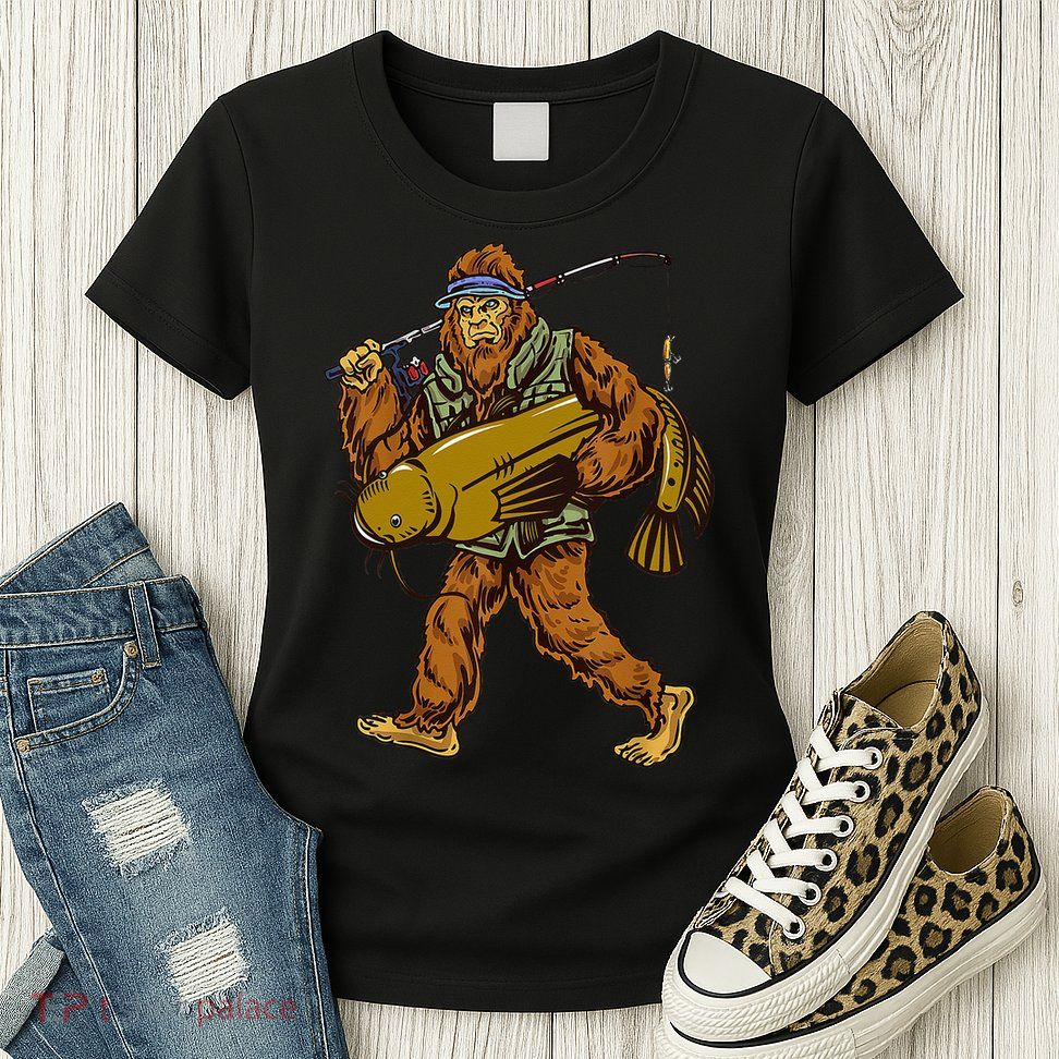 Fishing Catfish Hunting Bigfoot Sasquatch Fishermen Womens T-Shirt
