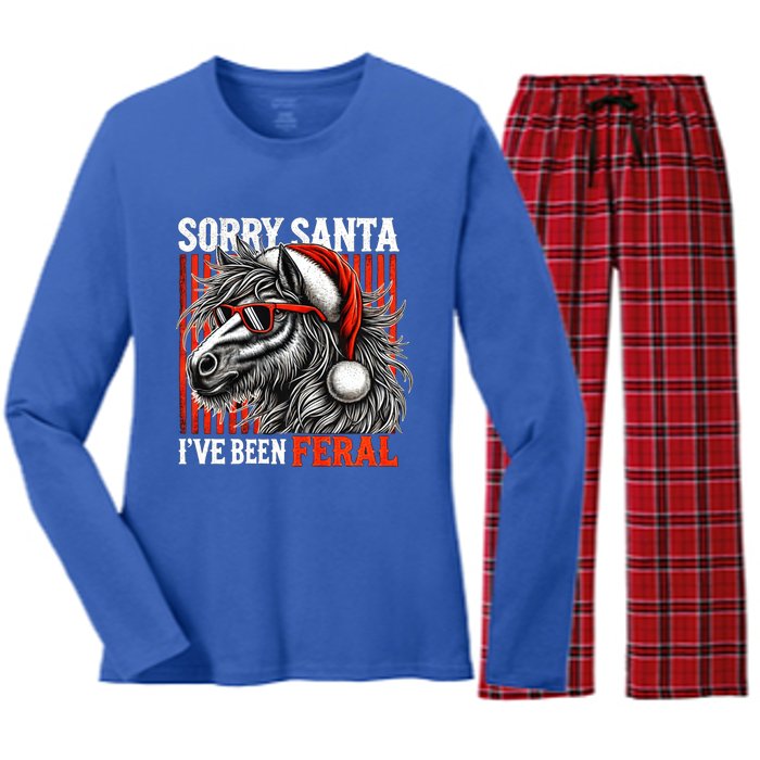 Funny Christmas Horse Saying Sorry Santa IVe Been Feral Gift Women's Long Sleeve Flannel Pajama Set 