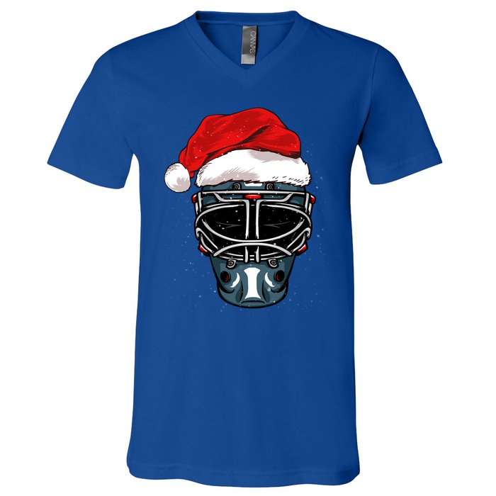 Funny Christmas Hockey Goalie Mask Santa Hat Xmas Celebrate Cute Gift V-Neck T-Shirt