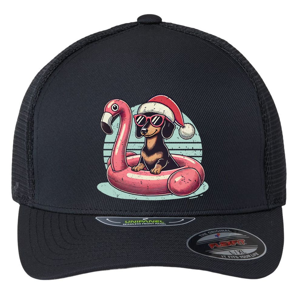 Funny Christmas In July Dachshund Dog Santa Flamingo Floatie Funny Gift Flexfit Unipanel Trucker Cap