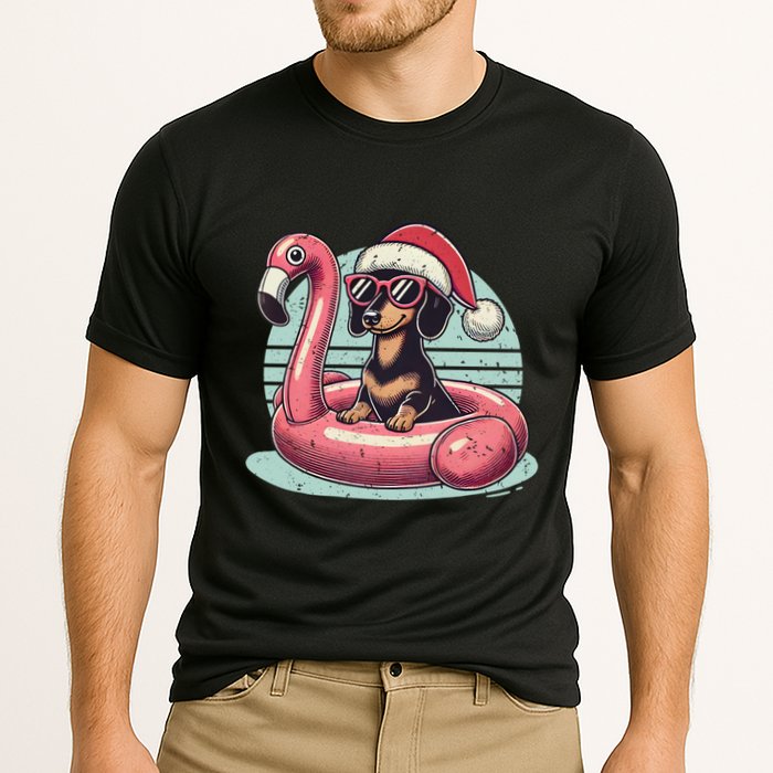 Funny Christmas In July Dachshund Dog Santa Flamingo Floatie Funny Gift Cooling Performance Crew T-Shirt