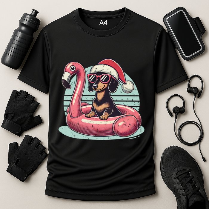 Funny Christmas In July Dachshund Dog Santa Flamingo Floatie Funny Gift Cooling Performance Crew T-Shirt