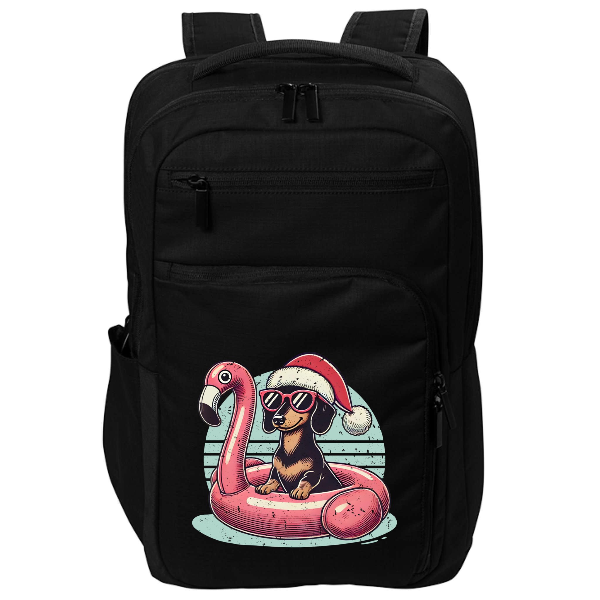 Funny Christmas In July Dachshund Dog Santa Flamingo Floatie Funny Gift Impact Tech Backpack