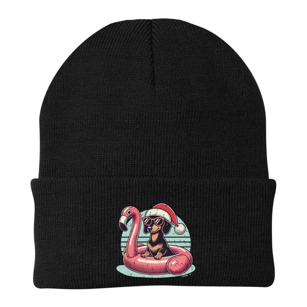 Funny Christmas In July Dachshund Dog Santa Flamingo Floatie Funny Gift Beanie