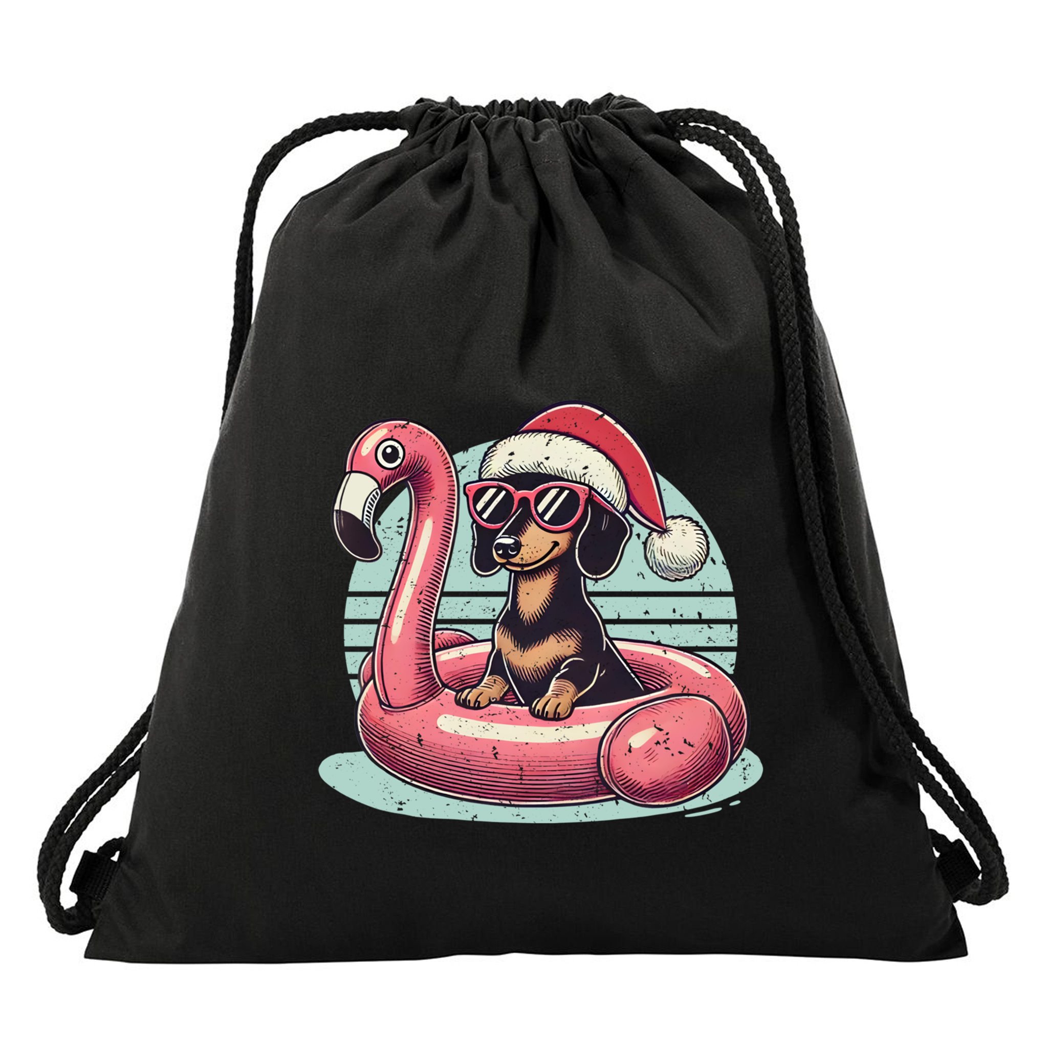 Funny Christmas In July Dachshund Dog Santa Flamingo Floatie Funny Gift Drawstring Bag