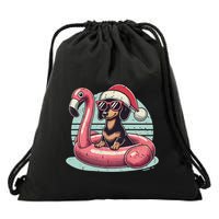 Funny Christmas In July Dachshund Dog Santa Flamingo Floatie Funny Gift Drawstring Bag