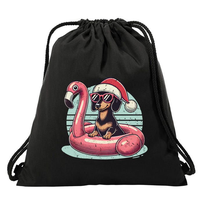 Funny Christmas In July Dachshund Dog Santa Flamingo Floatie Funny Gift Drawstring Bag