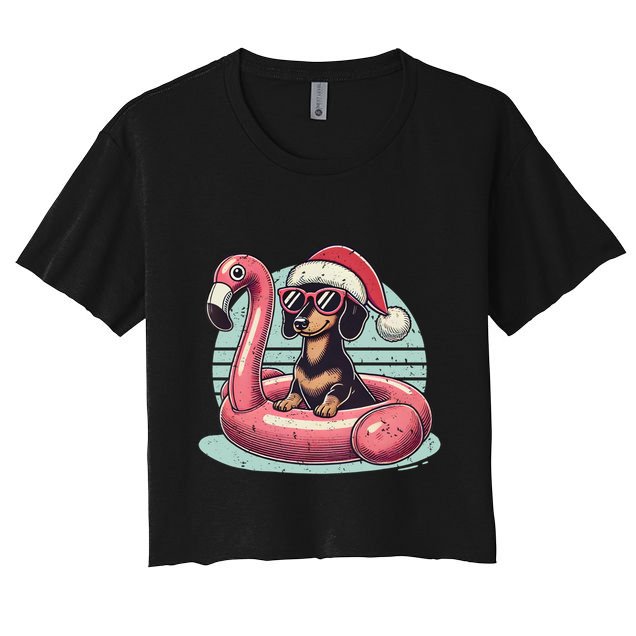 Funny Christmas In July Dachshund Dog Santa Flamingo Floatie Funny Gift Crop Top