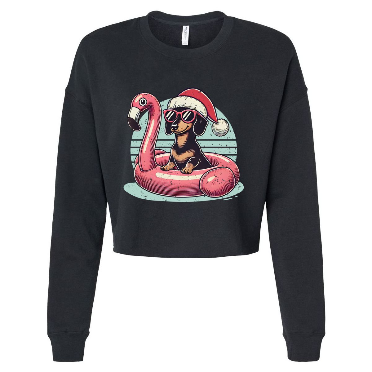 Funny Christmas In July Dachshund Dog Santa Flamingo Floatie Funny Gift Cropped Pullover Crew
