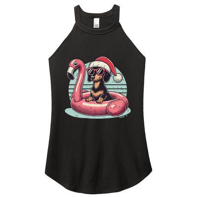 Funny Christmas In July Dachshund Dog Santa Flamingo Floatie Funny Gift Women's Perfect Tri Rocker Tank