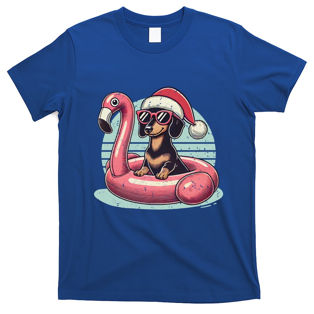 Funny Christmas In July Dachshund Dog Santa Flamingo Floatie Funny Gift T-Shirt