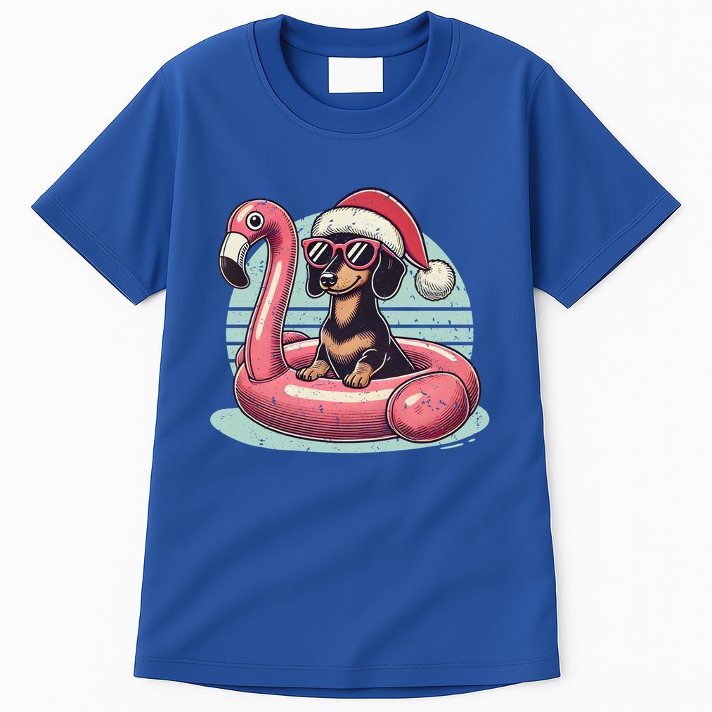 Funny Christmas In July Dachshund Dog Santa Flamingo Floatie Funny Gift Tall T-Shirt