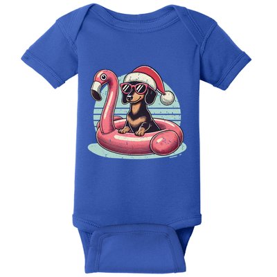 Funny Christmas In July Dachshund Dog Santa Flamingo Floatie Funny Gift Baby Bodysuit