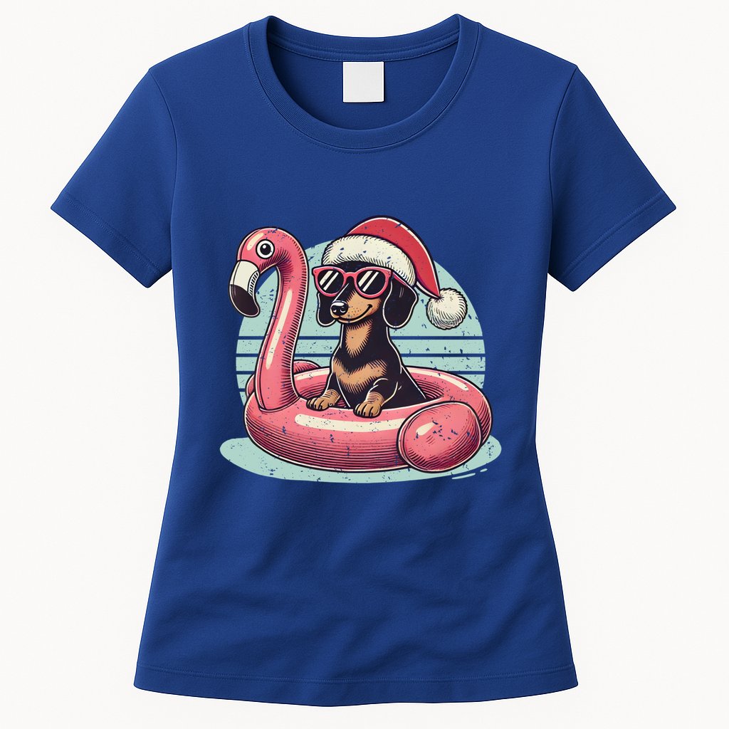 Funny Christmas In July Dachshund Dog Santa Flamingo Floatie Funny Gift Womens T-Shirt