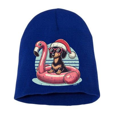 Funny Christmas In July Dachshund Dog Santa Flamingo Floatie Funny Gift Short Acrylic Beanie