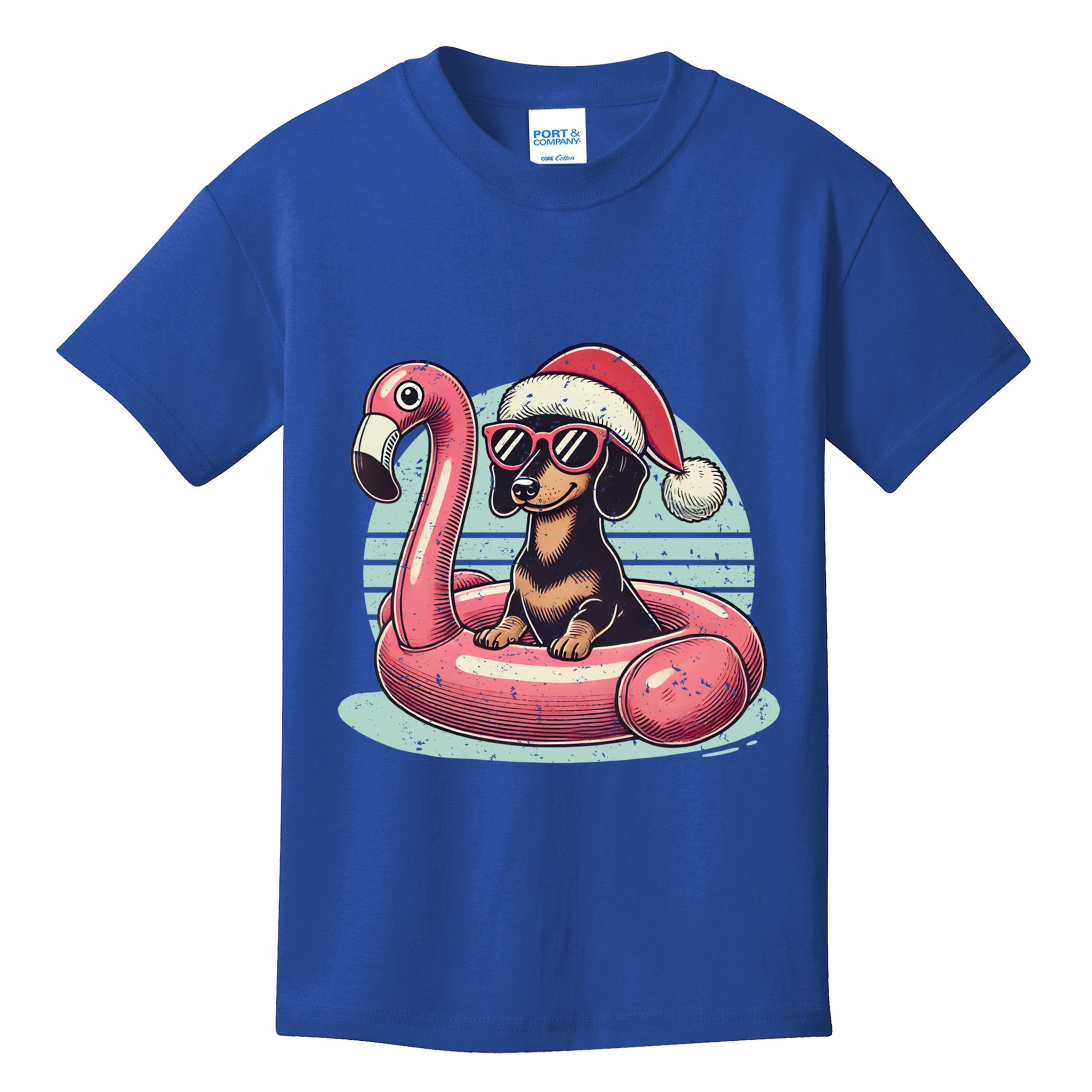 Funny Christmas In July Dachshund Dog Santa Flamingo Floatie Funny Gift Kids T-Shirt