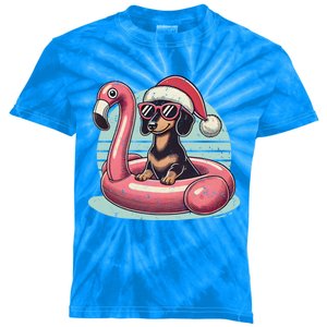 Funny Christmas In July Dachshund Dog Santa Flamingo Floatie Funny Gift Kids Tie-Dye T-Shirt