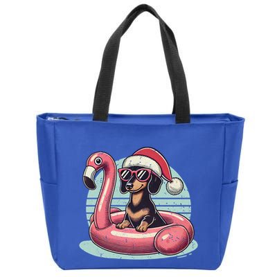 Funny Christmas In July Dachshund Dog Santa Flamingo Floatie Funny Gift Zip Tote Bag
