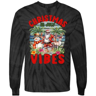 Funny Christmas In July Vibes Santa Claus Snowman Tie-Dye Long Sleeve Shirt