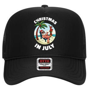 Funny Christmas In July Summer Santa On Beach Xmas High Crown Mesh Back Trucker Hat