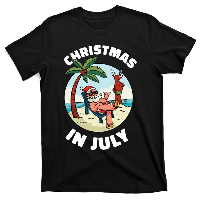 Funny Christmas In July Summer Santa On Beach Xmas T-Shirt