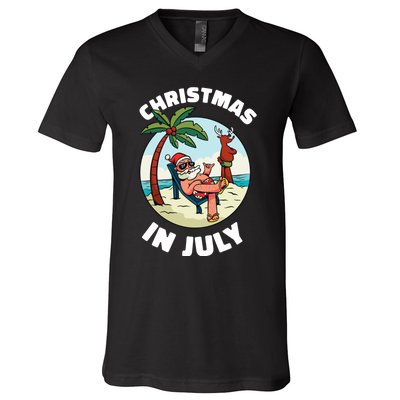 Funny Christmas In July Summer Santa On Beach Xmas V-Neck T-Shirt