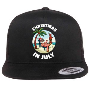 Funny Christmas In July Summer Santa On Beach Xmas Flat Bill Trucker Hat