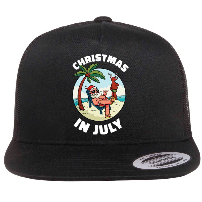 Funny Christmas In July Summer Santa On Beach Xmas Flat Bill Trucker Hat