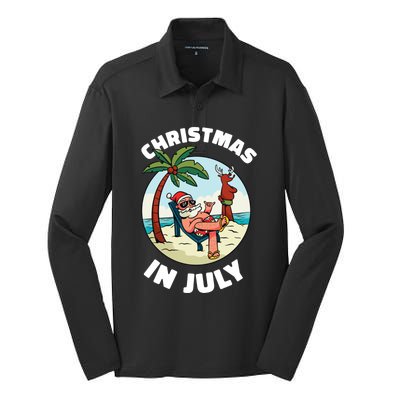 Funny Christmas In July Summer Santa On Beach Xmas Silk Touch Performance Long Sleeve Polo