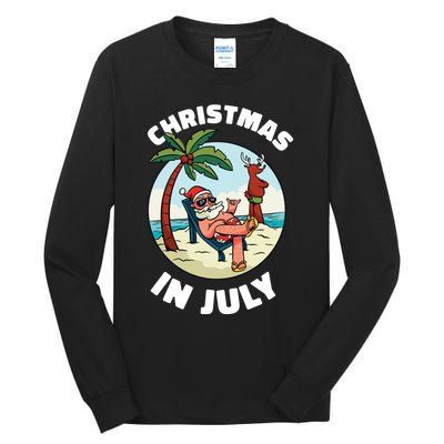 Funny Christmas In July Summer Santa On Beach Xmas Tall Long Sleeve T-Shirt