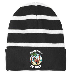 Funny Christmas In July Summer Santa On Beach Xmas Striped Beanie with Solid Band