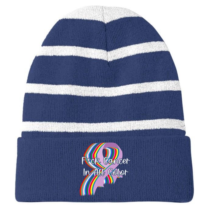 Fight Cancer In All Color Fight Cancer Feather Ribbons Striped Beanie with Solid Band