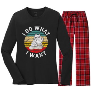 Funny Cat I Do What I Want Middle Finger Kitty Flip He Bird Women's Long Sleeve Flannel Pajama Set 