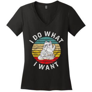 Funny Cat I Do What I Want Middle Finger Kitty Flip He Bird Women's V-Neck T-Shirt