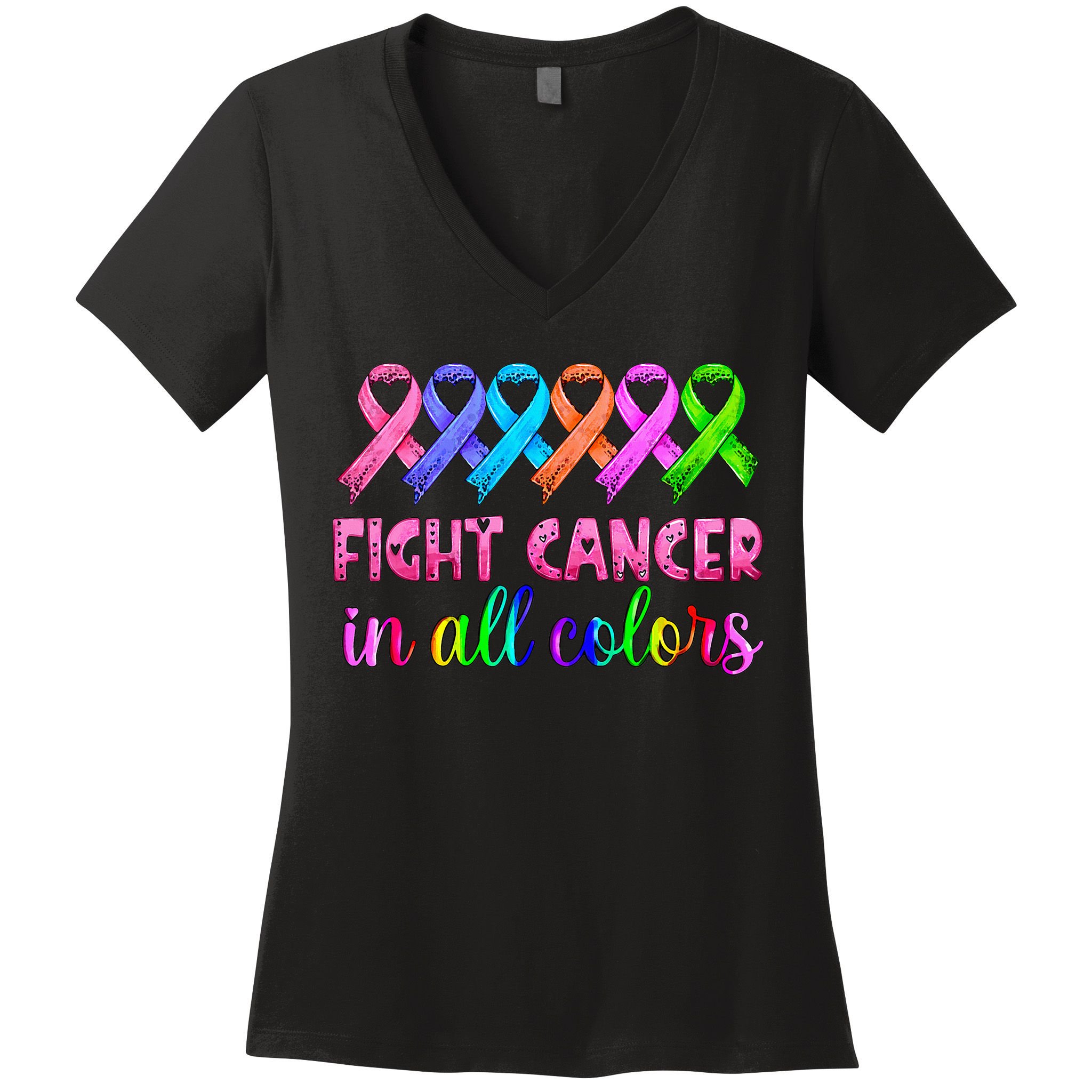 Fight Cancer In All Color Feather Breast Cancer Awareness Women's V-Neck T-Shirt