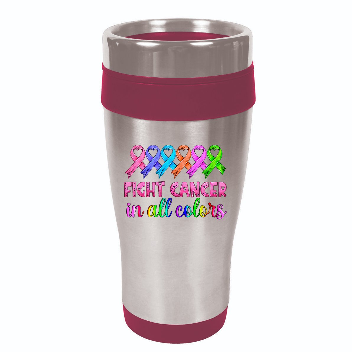 Fight Cancer In All Color Feather Breast Cancer Awareness 16oz Travel Tumbler