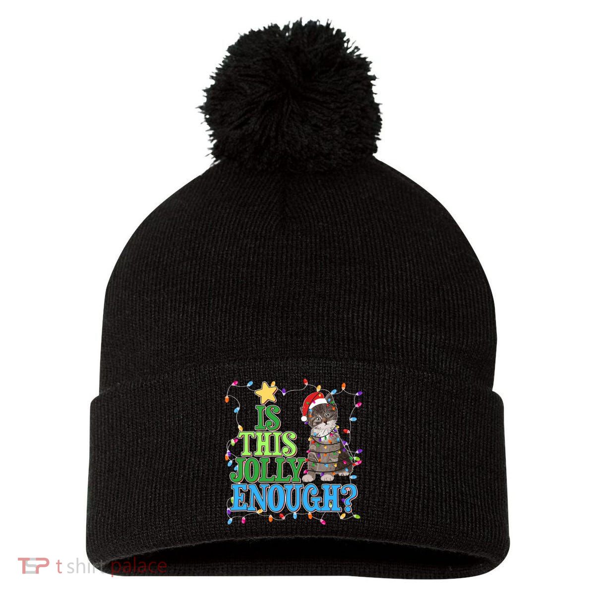 Funny Christmas Is This Jolly Enough Tangled Lights Cat Pom Pom 12in Knit Beanie