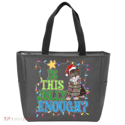 Funny Christmas Is This Jolly Enough Tangled Lights Cat Zip Tote Bag