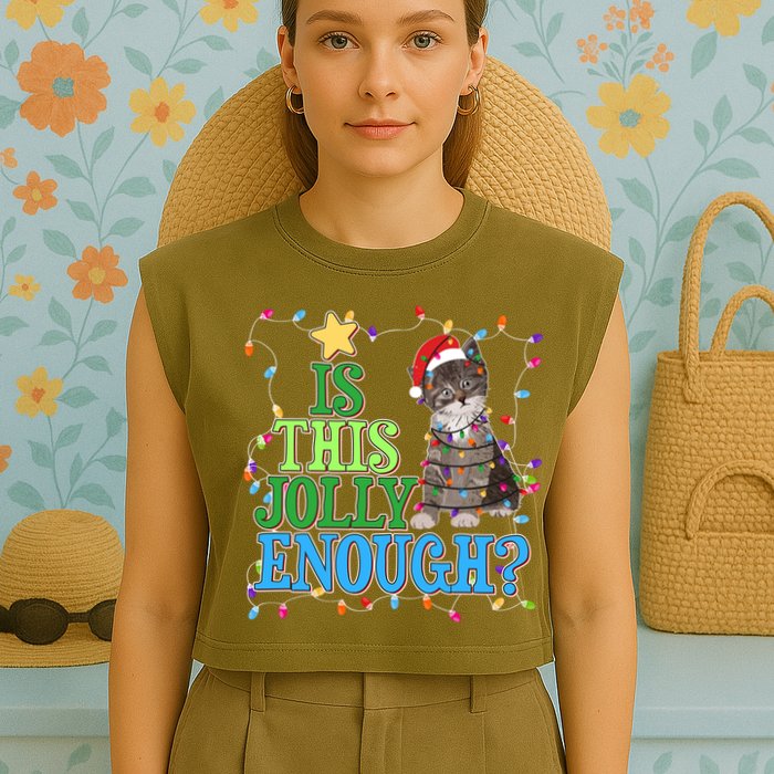 Funny Christmas Is This Jolly Enough Tangled Lights Cat Garment-Dyed Women's Muscle Tee