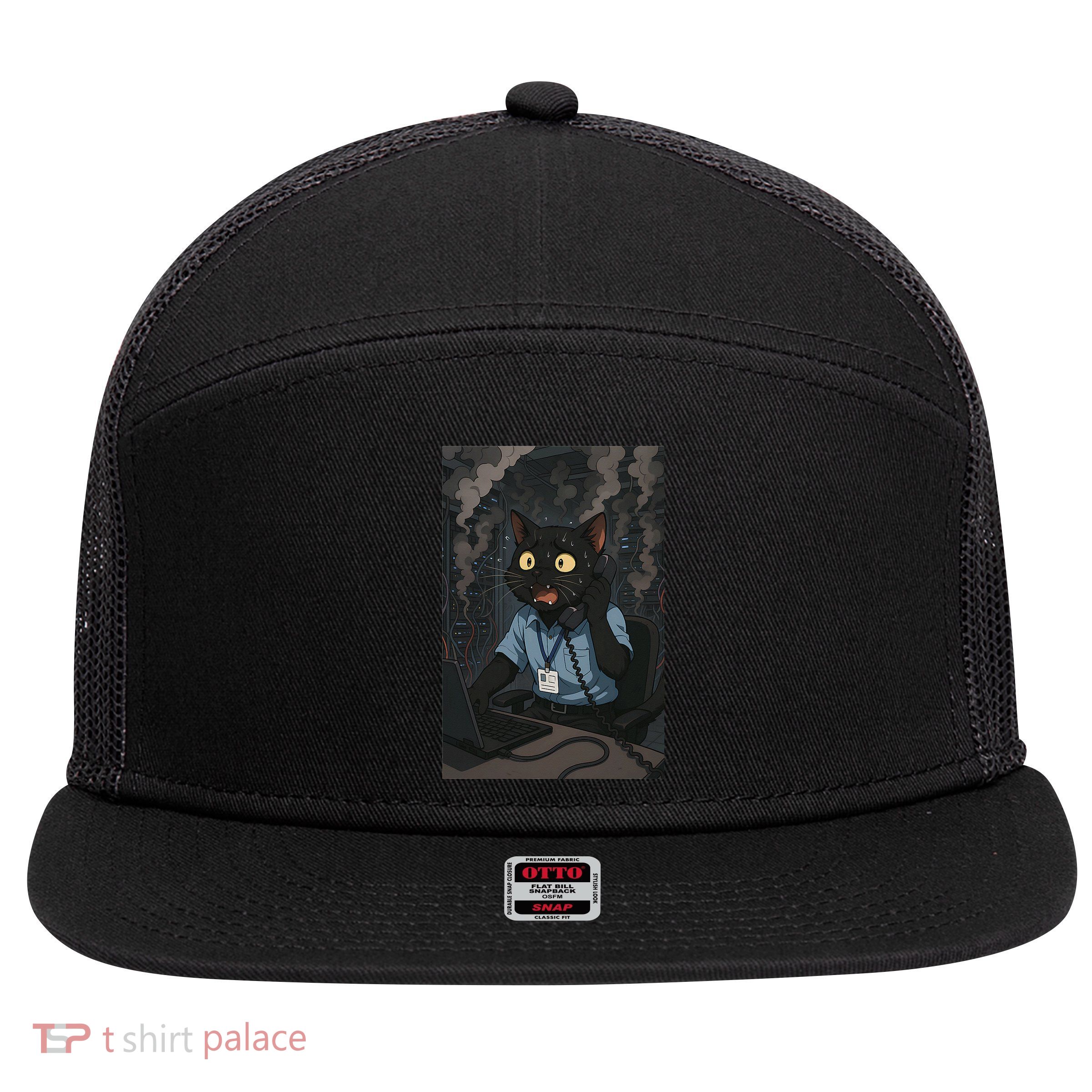 Funny Cat IT Disaster Server Room On Fire Meme 7 Panel Mesh Trucker Snapback Hat