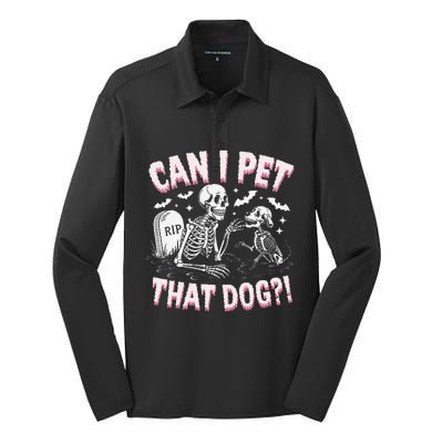 Funny Can I Pet That Dog Halloween Skeleton Spooky Season Silk Touch Performance Long Sleeve Polo