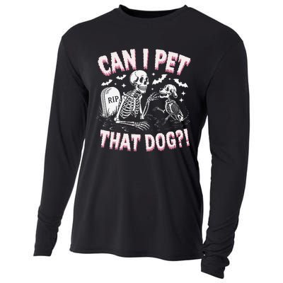 Funny Can I Pet That Dog Halloween Skeleton Spooky Season Cooling Performance Long Sleeve Crew