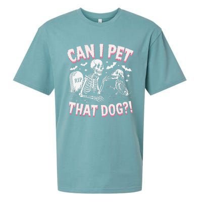 Funny Can I Pet That Dog Halloween Skeleton Spooky Season Sueded Cloud Jersey T-Shirt