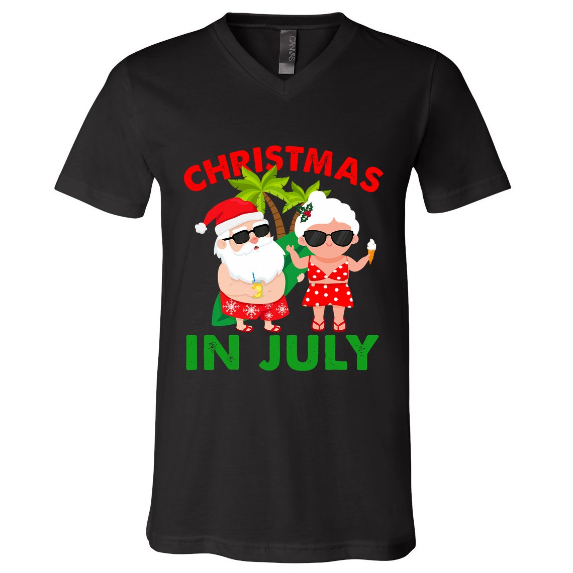 Funny Christmas In July Mr And Mrs Santa Claus Summer V-Neck T-Shirt