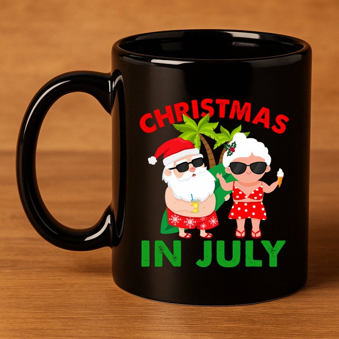 Funny Christmas In July Mr And Mrs Santa Claus Summer 11oz C Handle Ceramic Mug