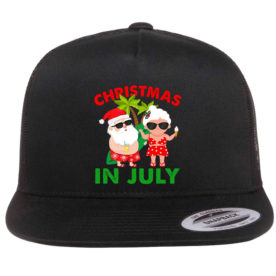 Funny Christmas In July Mr And Mrs Santa Claus Summer Flat Bill Trucker Hat