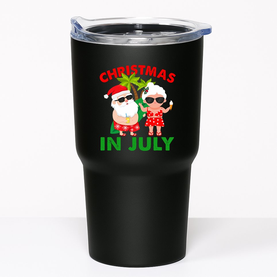 Funny Christmas In July Mr And Mrs Santa Claus Summer Tumbler