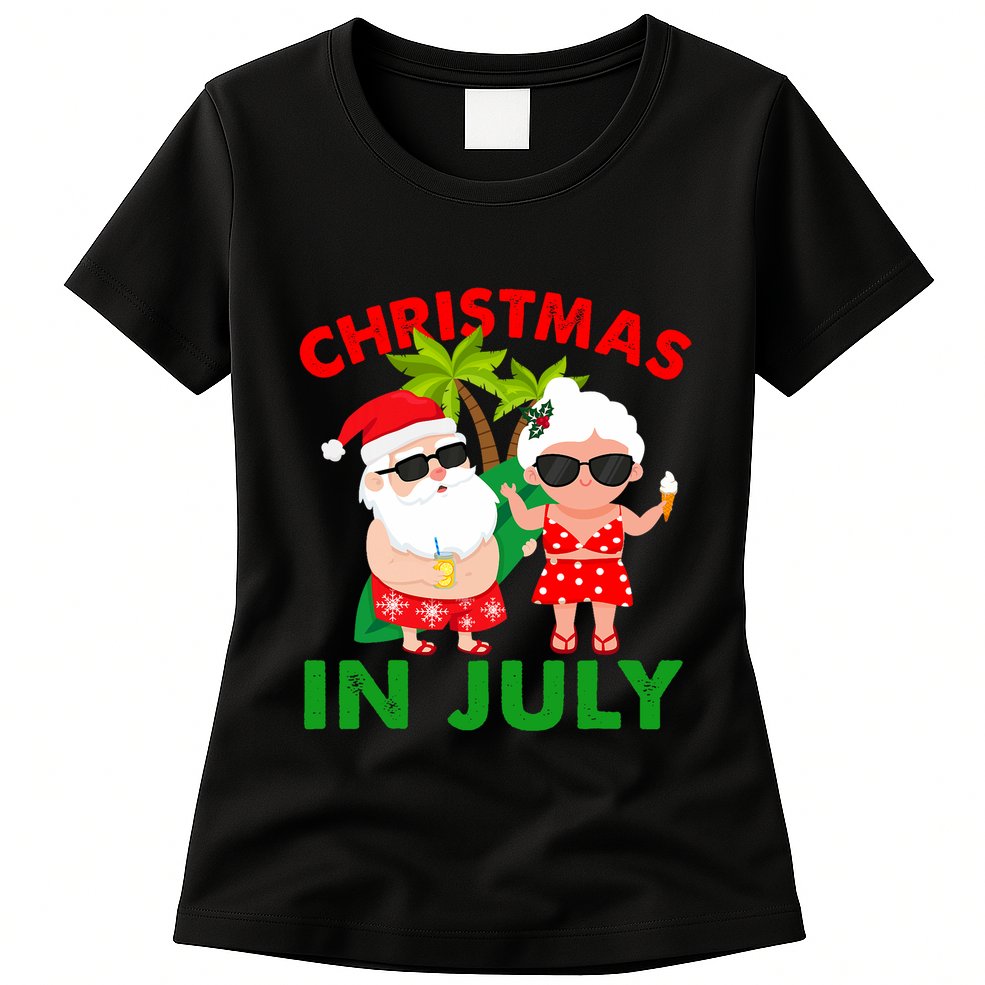 Funny Christmas In July Mr And Mrs Santa Claus Summer Womens T-Shirt