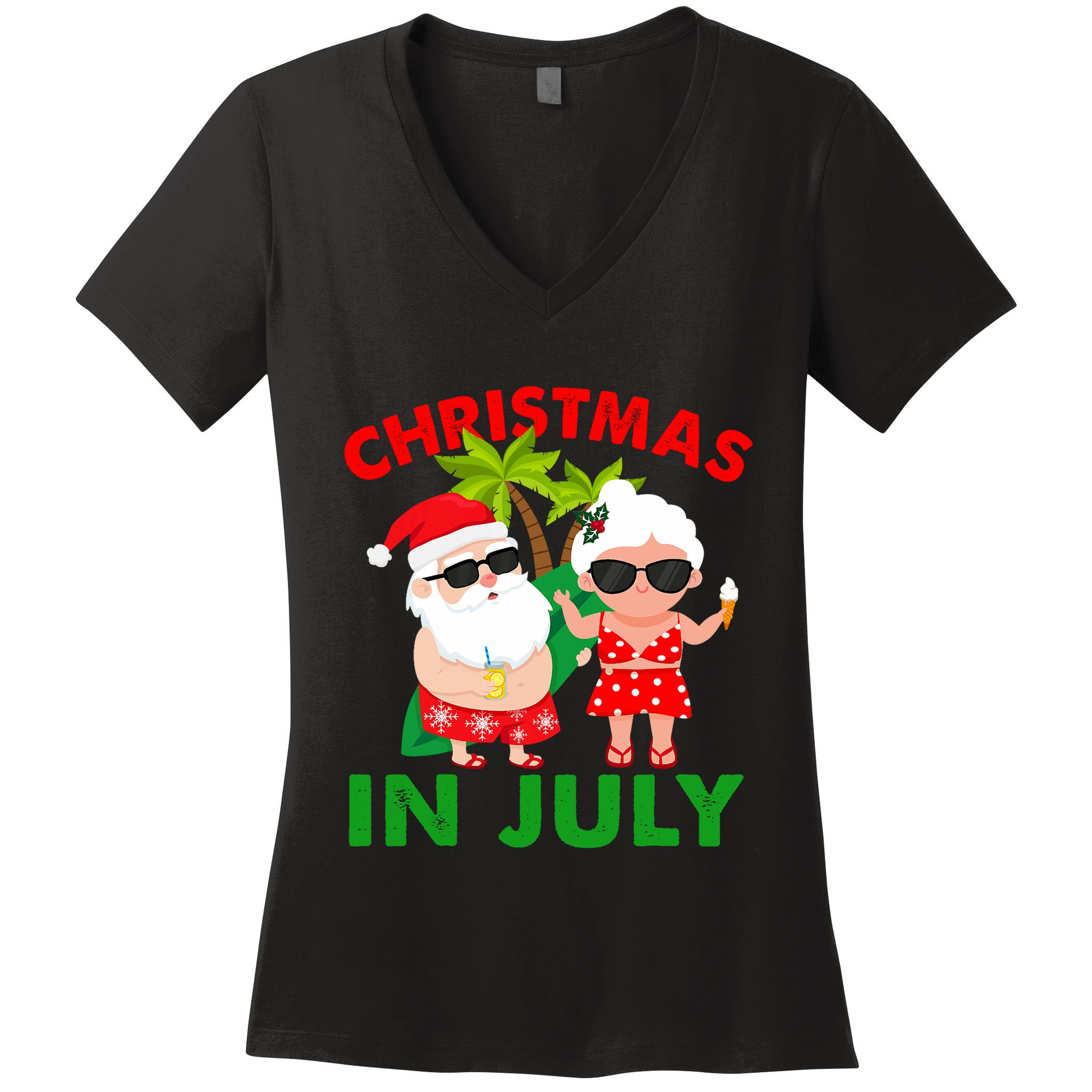 Funny Christmas In July Mr And Mrs Santa Claus Summer Women's V-Neck T-Shirt