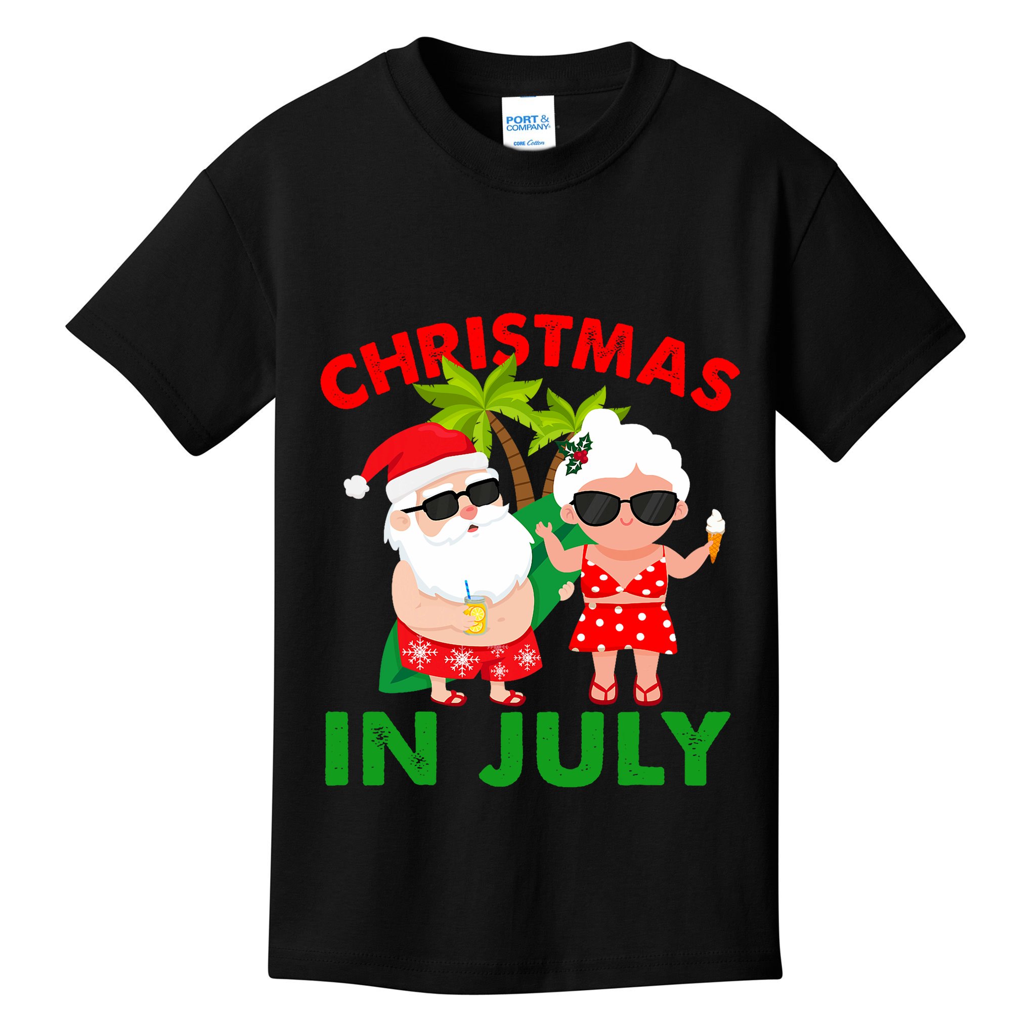 Funny Christmas In July Mr And Mrs Santa Claus Summer Kids T-Shirt